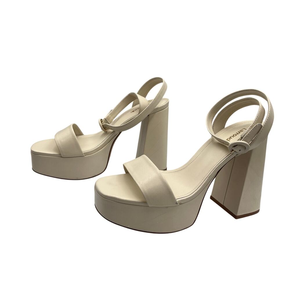 Larroude Dolly Leather Ankle Strap Block Heels Platform Sandals Ivory Size 9